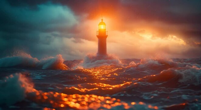A detailed view of a lighthouse shining over a sea, guidance, blurred stormy waters