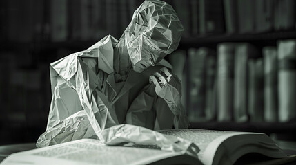 Origami figure contemplating a book in a library setting