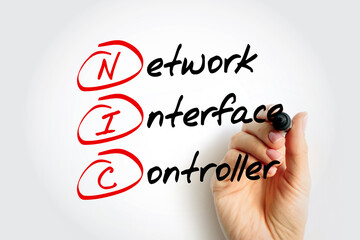 NIC - Network Interface Controller is a computer hardware component that connects a computer to a computer network, acronym text concept with marker