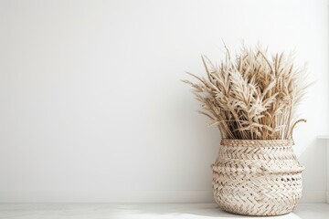 A basket of dried grass sits on a white wall