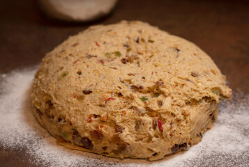 Homemade Panettone Bread with Raisins and Citrus Peel. Delicious Pastry.