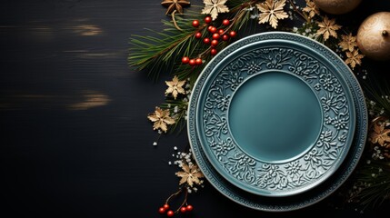 Empty decorative blue plate with intricate patterns, surrounded by Christmas decorations on a dark wooden background. Flat lay composition with copy space.  - Powered by Adobe