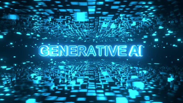 Generative AI text inside rotating cube platforms in cyberspace. High-tech neon 3D animation