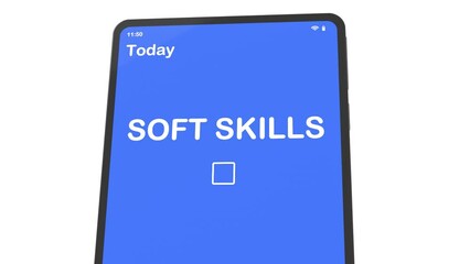 Electronic tablet with calendar app and text Soft Skills. Scheduling concept, deadline control. 3D animation