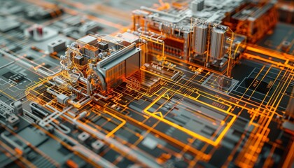 Obraz premium Illustration of an advanced, glowing circuit board with futuristic technology components, depicting high-tech computing.