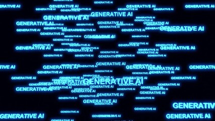 Generative AI text inside rotating clouds of neon holographic words. High tech neon 3D animation.