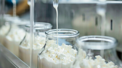 Fototapeta na wymiar Pouring milk into a jar over cultured dairy samples