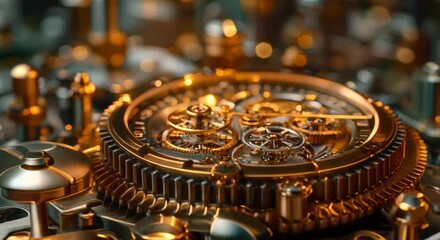 Detailed images of the custom-made watch mechanism. Blurred artisan workshop