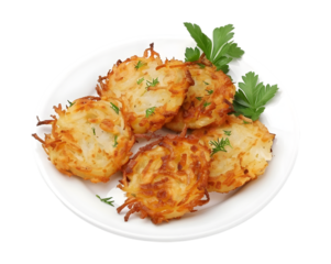 Hash browns in plate on transparent background