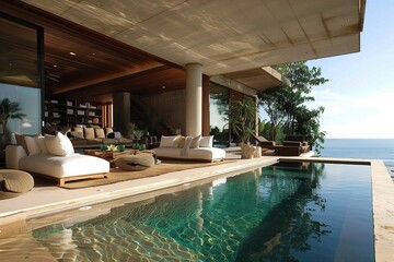 A serene outdoor lounge area surrounded by the tranquility of pool waters.