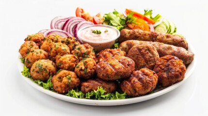 A plate with a jacket dish, nuggets, chicken cutlets and some salad. The background is pure white.