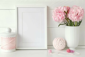 Serene crafting corner with pink carnations and white frame on boggy backdrop