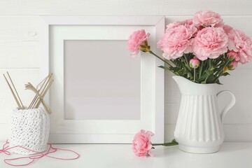 Serene crafting corner with pink carnations and white frame on boggy backdrop