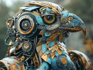 An elaborate avianthemed mechanical sculpture, meticulously crafted with metal gears and components, illustrating a unique fusion of art and technology 8K , high-resolution, ultra HD,up32K HD
