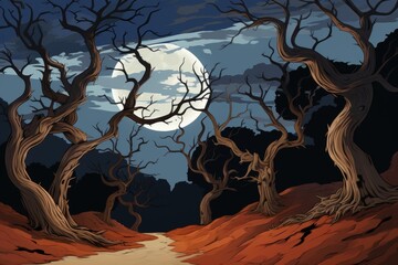 A dark and eerie forest with dead trees and a full moon.