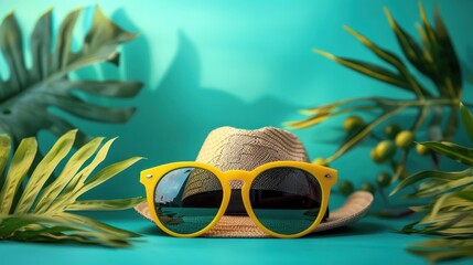 A stylish straw hat paired with large yellow sunglasses, evoking a sense of beachside relaxation on a tropical blue background