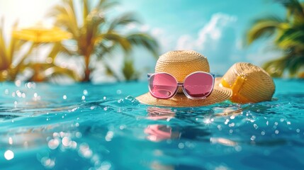 A playful and vibrant image of a straw hat with pink sunglasses floating on clear blue water