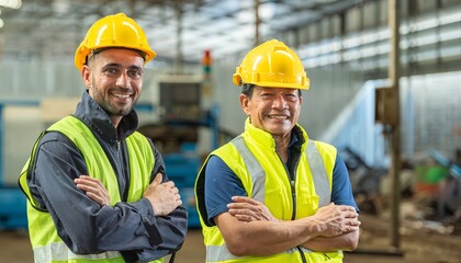 Two happy workers wearing hard hats and safety vests standing in a factory.
