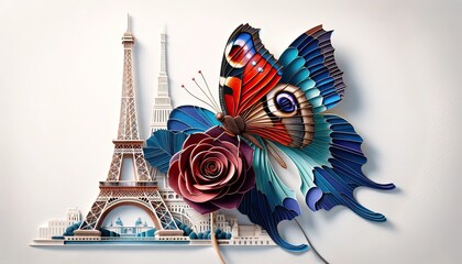 Paper Art of Paris and Butterfly with Eiffel Tower