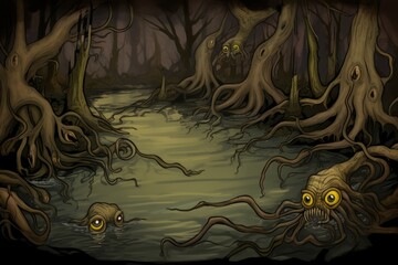 A dark swamp with twisted trees and strange creatures lurking in the water and trees.