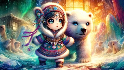 Fantasy Arctic Scene with Girl and Polar Bear