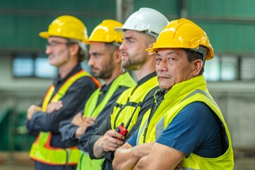 A group of construction workers wearing hard hats and safety vests are posing for a photo.