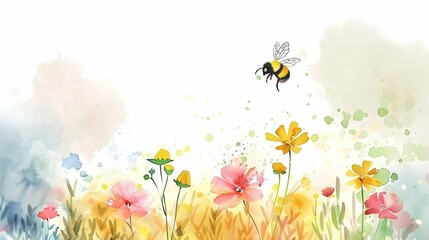 Watercolor painting of cute bumblebee flying in flowers.