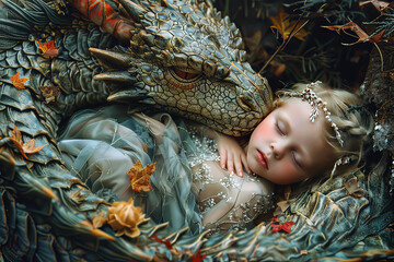 Young child embraced by a dragon in a nest, encapsulating a fairytale-like guardianship bond