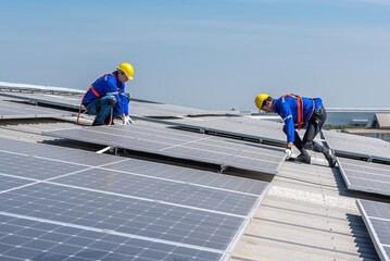 Two solar panel technicians in hard hats and safety gear install solar panels on a commercial...