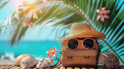 A picturesque setting of a beach with sunglasses and a bag resting among the seashells, evoking the excitement of a holiday adventure