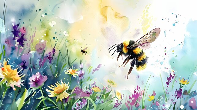 Watercolor painting of cute bumblebee flying in flowers.