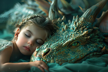 Sleeping child in peaceful slumber beside a protective dragon in a mythical setting