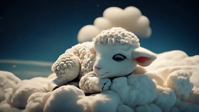 Cartoon white fluffy sheep on a cloud against the background of the starry sky. Cute pet sleepy animal