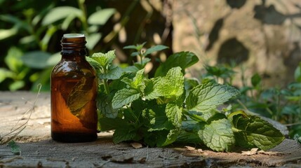 A brown bottle of aromatherapy essential oil with fresh peppermint plant - obrazy, fototapety, plakaty