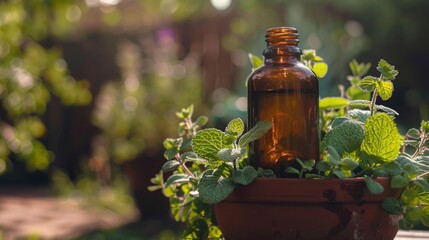A brown bottle of aromatherapy essential oil with fresh peppermint plant