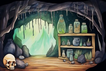 A witch's lair inside a cave, filled with potions, jars, and other magical objects. - obrazy, fototapety, plakaty