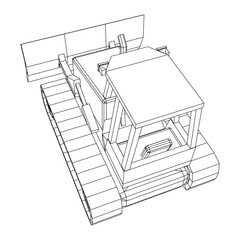 Big front-end loader bulldozer. Heavy equipment machine and manufacturing equipment for mining. Wireframe low poly mesh vector illustration.