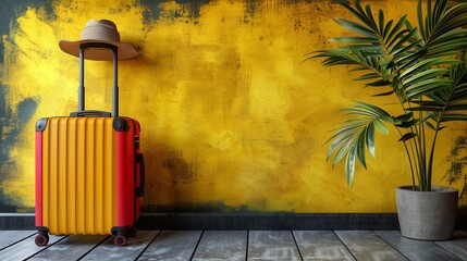 Yellow suitcase and sun hat against a yellow wall, a summer vacation concept