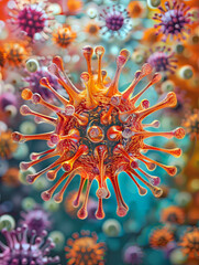 The H5N1 virus in microscopic focus, highlighting its intricate structure amidst an infectious environment