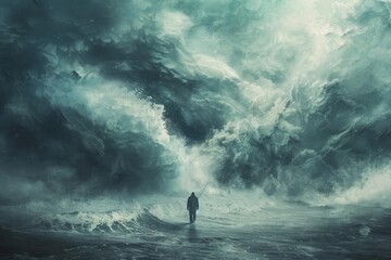 Artistic representation of resilience, a figure standing strong amidst a storm - obrazy, fototapety, plakaty