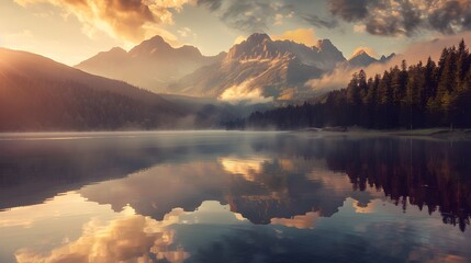 Obraz premium Tatra National Park, a lake in the mountains at the dawn of the sun. Poland 