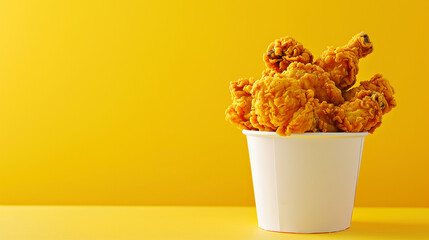 Delicious bucket of fried chicken advertisement with room for text or copy space on a yellow banner background.
