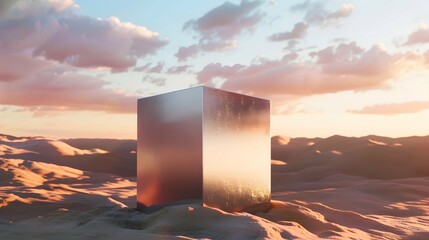 Surreal landscape with a metal cube in the desert 