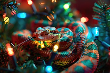 Close-Up of a Snake Amongst Sparkling Christmas Lights and Decorations