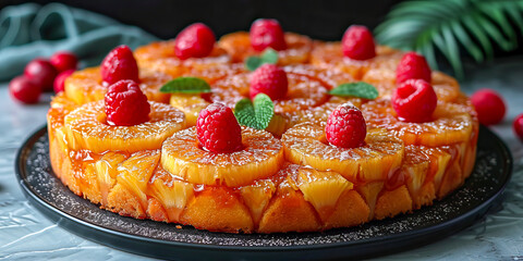 Top-view pineapple upside down cake with raspberries