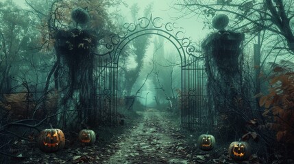 An abandoned, cobweb-covered gate leading into a haunted forest, with creepy pumpkins guiding the path through the thicket of dead trees. - 795471769
