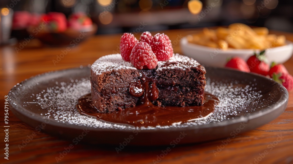 Sticker Zoom in on a slice of decadent chocolate lava cake, featuring a gooey molten center and a dusting of powdered