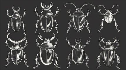 Stag-beetles chalk style sketch graphic vector illustration set