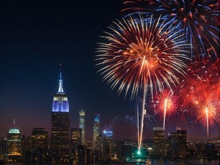 Naklejka premium A patriotic atmosphere with fireworks and US flag in front of city skyline