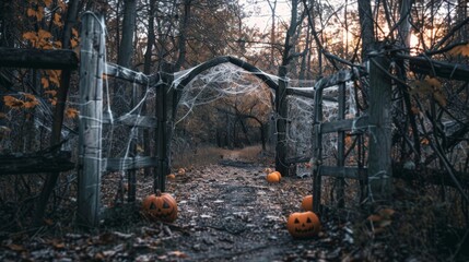An abandoned, cobweb-covered gate leading into a haunted forest, with creepy pumpkins guiding the path through the thicket of dead trees. - 795472140